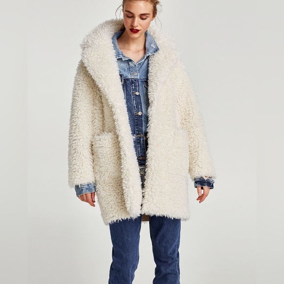 NWT Zara white textured curly knit teddy coat S - Picture 3 of 9